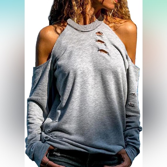 Amazon Tops - Casual Loose Cold Shoulder Halter Neck Hollowed Out Long Sleeve Shirt.  NWOT